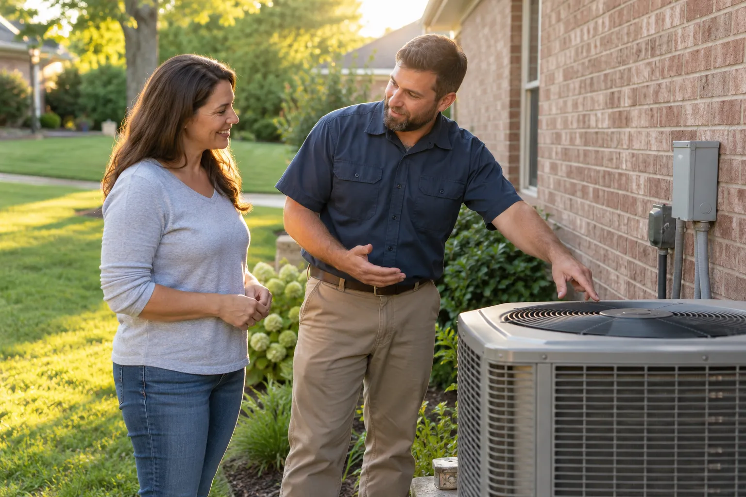 A friendly HVAC provider talking with a homeowner beside an outdoor AC unit in Atlanta